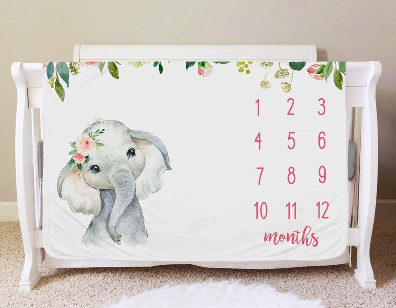 Popfavors Floral Elephant Baby الشهرية Milestone Blanket Jungle Elephant Girl's Soft Fleece Blanket Monthly Milestone بطانية فتاة الفيل الحضانة الرضع حديثي الولادة يتضمن علامة (أبيض 50 × 40 بوصة) - Image 2